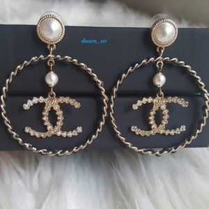 Chanel XL Crystal CC Leather Hoop Earrings, Gold